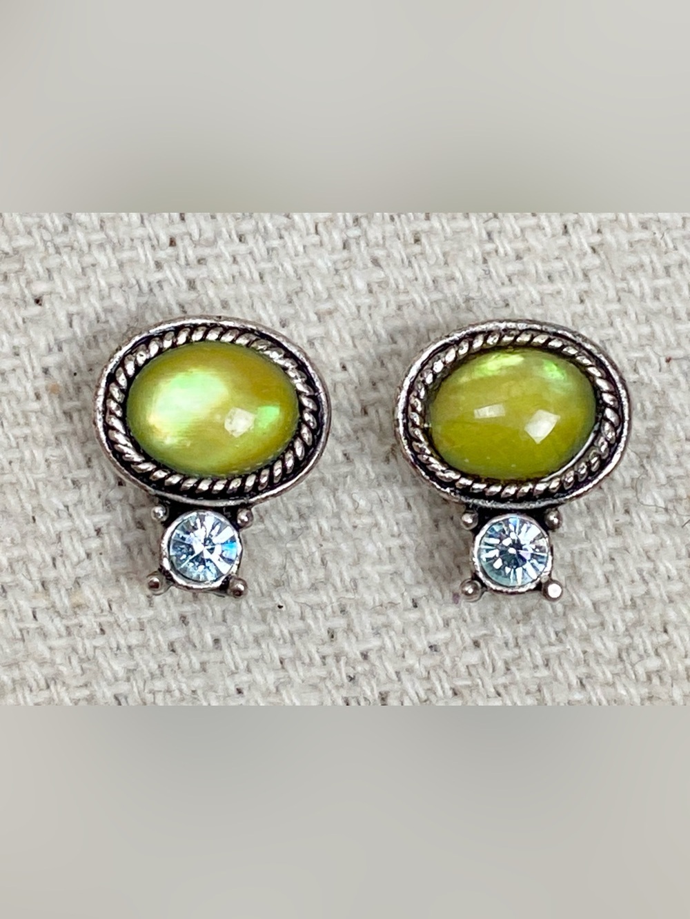 1928 brand Silver tone Green Opal Cabochon Stud Earrings with Clear rhinestone